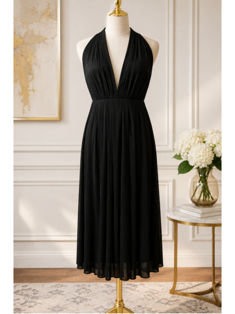 Moda International Victoria's Secret Black Silk Trim Halter Pleated Midi Dress 4